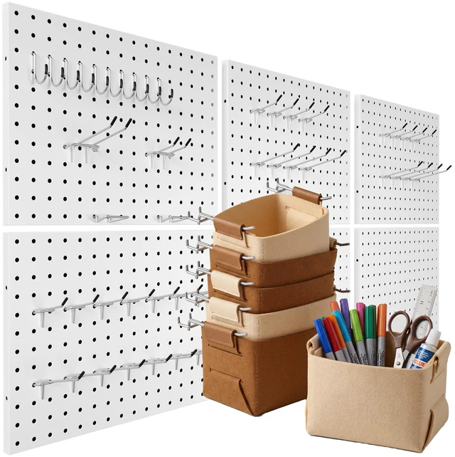 Main image of 6 Pack Peg Board Organizer, Includes Metal PegBoard and Accessories White Pegboard Panels with 50 Pcs Hooks and Baskets, Wall Organization for Office, Craft Room, Ornaments Display, Sewing Room
