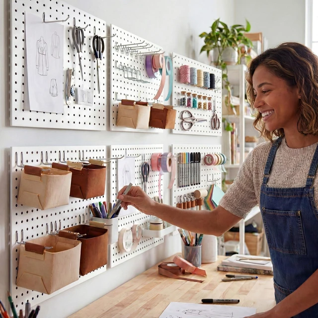 Alt view image 2 of 7 - 6 Pack Peg Board Organizer, Includes Metal PegBoard and Accessories White Pegboard Panels with 50 Pcs Hooks and Baskets, Wall Organization for Office, Craft Room, Ornaments Display, Sewing Room
