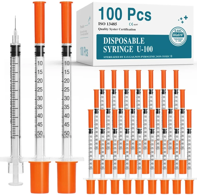 Main image of U-100 0.5ml syringes with 30G needle - 30 gauge 5/16 inch syringe, 100Pack scale in 50 units, 0.5 ml / 0.5cc lab syringes, Pack of 100