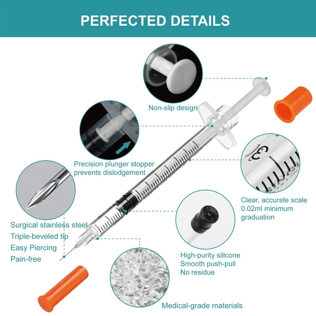 Alt view image 3 of 7 - U-100 0.5ml syringes with 30G needle - 30 gauge 5/16 inch syringe, 100Pack scale in 50 units, 0.5 ml / 0.5cc lab syringes, Pack of 100