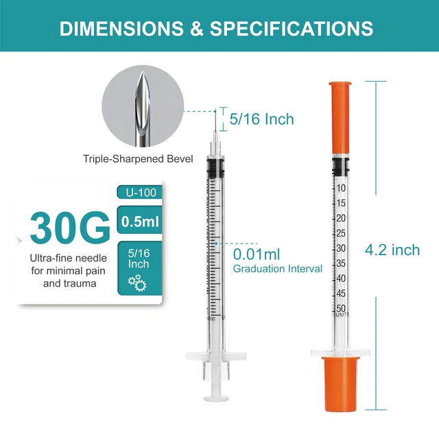 Alt view image 2 of 7 - U-100 0.5ml syringes with 30G needle - 30 gauge 5/16 inch syringe, 100Pack scale in 50 units, 0.5 ml / 0.5cc lab syringes, Pack of 100