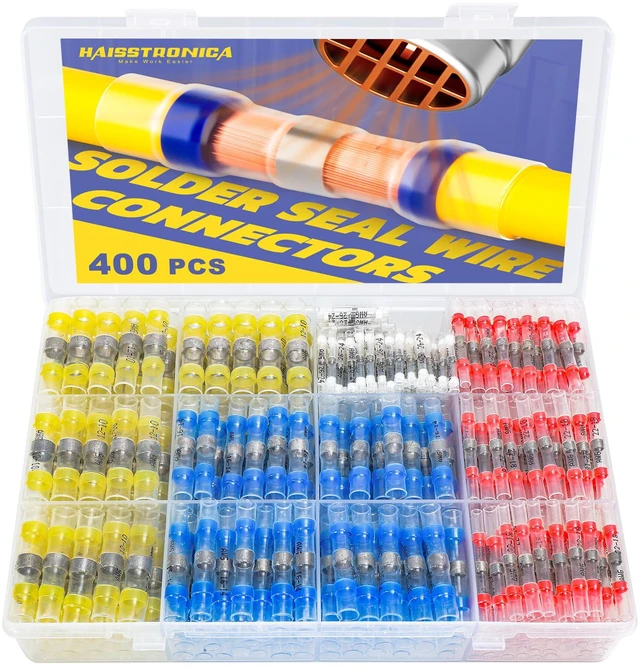 Main image of 400PCS Solder Seal Wire Connectors Kit, 4 Colors/4 Sizes 26-10 AWG, Wire Gauge Markings, Clear Sleeves, Hot-Melt Adhesive Rings, Compartment Storage, Automotive Wiring