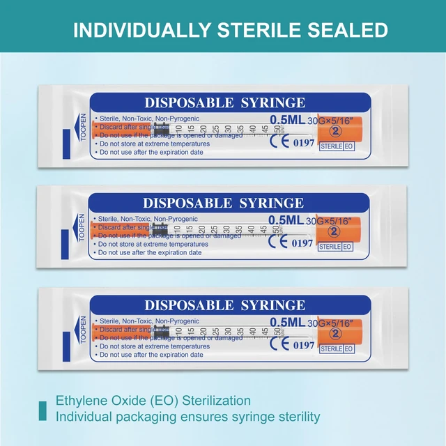 Alt view image 4 of 7 - U-100 0.5ml syringes with 30G needle - 30 gauge 5/16 inch syringe, 100Pack scale in 50 units, 0.5 ml / 0.5cc lab syringes, Pack of 100