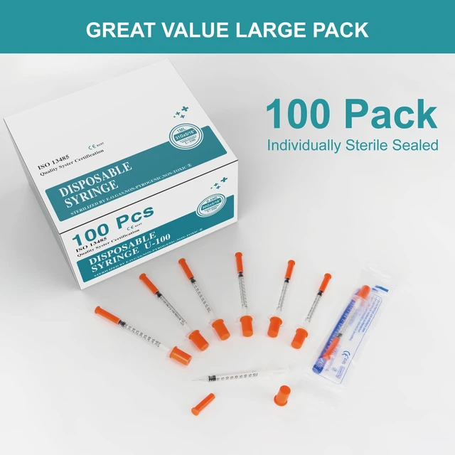 Alt view image 5 of 7 - U-100 0.5ml syringes with 30G needle - 30 gauge 5/16 inch syringe, 100Pack scale in 50 units, 0.5 ml / 0.5cc lab syringes, Pack of 100