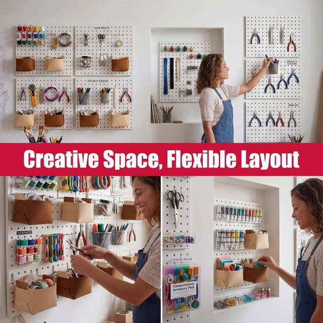Alt view image 7 of 7 - 6 Pack Peg Board Organizer, Includes Metal PegBoard and Accessories White Pegboard Panels with 50 Pcs Hooks and Baskets, Wall Organization for Office, Craft Room, Ornaments Display, Sewing Room