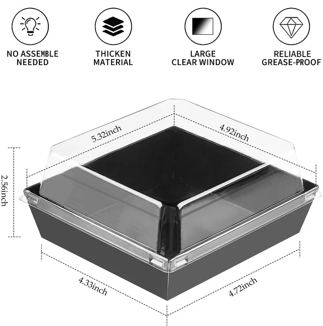 Alt view image 2 of 7 - Charcuterie Boxes with Clear Lids, 5 Inches, 100 Pack, Black To Go Paper Food Containers, Disposable Bakery Dessert Boxes, For Sandwich, Cookie, Pastry, Cake Slice