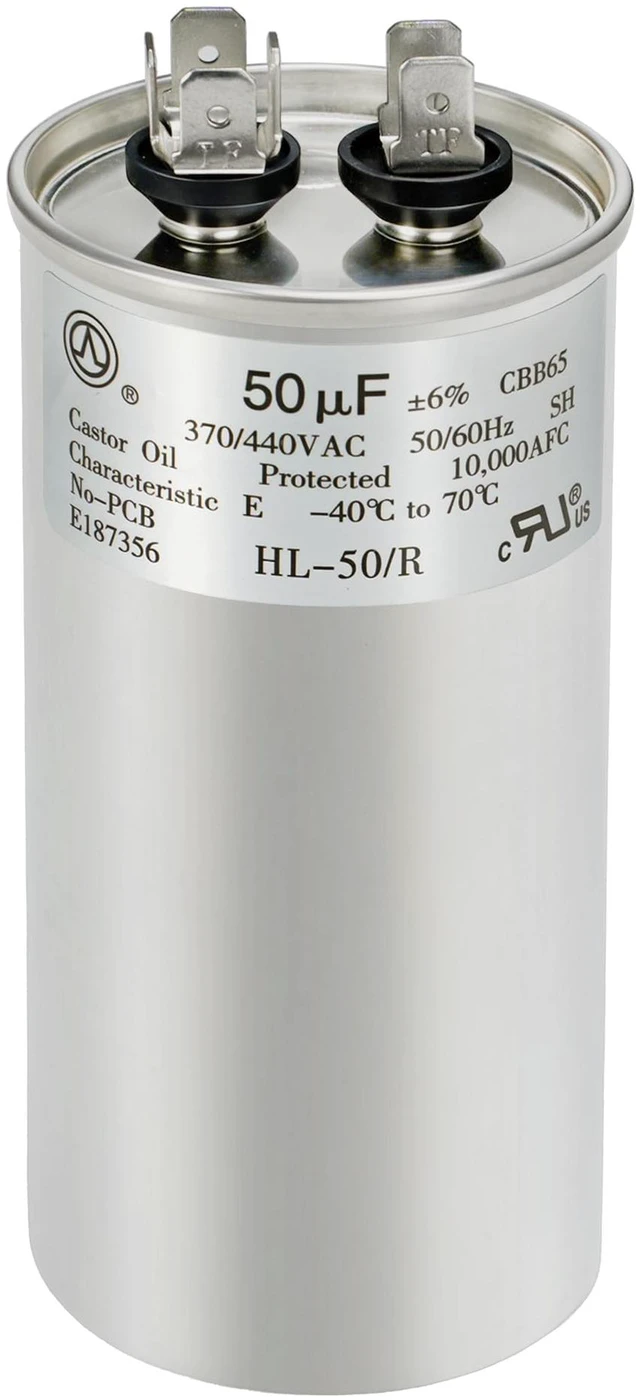 Main image of AC Capacitor 50uF or 50MFD ±6% 370V/440VAC CBB65 Round Start Capacitor for Heat Pump Air Conditionerfor AC Motor Run or Fan Start and CoolTen Years of Coverage