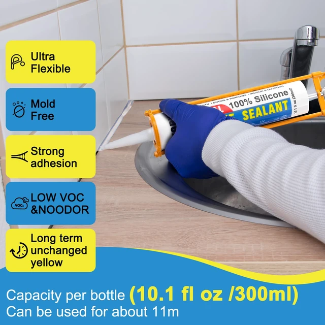 Alt view image 3 of 7 - Silicone Caulk & Sealant Clear, 10 Pack - 100% Silicone Sealant (300ml) Waterproof Silicone Caulking for Kitchen, Bathroom, Toilet, Sink, Window Door Use, Shrink & Crack Proof (10.1 FL.OZ/300ml)