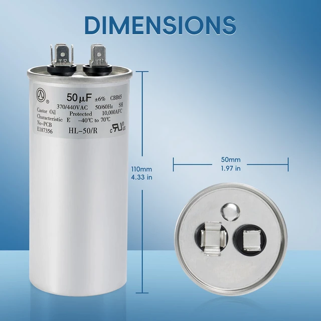Alt view image 4 of 7 - AC Capacitor 50uF or 50MFD ±6% 370V/440VAC CBB65 Round Start Capacitor for Heat Pump Air Conditionerfor AC Motor Run or Fan Start and CoolTen Years of Coverage