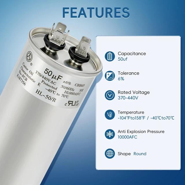 Alt view image 3 of 7 - AC Capacitor 50uF or 50MFD ±6% 370V/440VAC CBB65 Round Start Capacitor for Heat Pump Air Conditionerfor AC Motor Run or Fan Start and CoolTen Years of Coverage