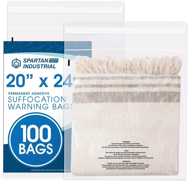 Main image of 20" X 24" (100 Count) Self-Seal Clear Poly Bags With Suffocation Warning for Packaging, Bedding, Costumes - Permanent Adhesive