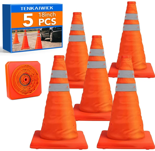 Main image of 18 Inch 5 Pack Traffic Cones, Collapsible Safety Cones, Multi Purpose Pop-up Cones with Reflective Collar, Orange Cones for Parking lot, Driveway, Driving Training etc