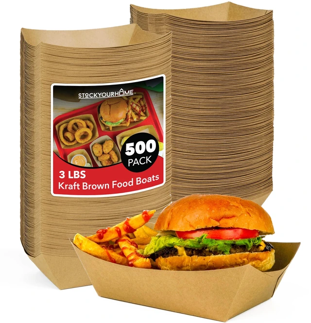 Main image of [500 Pack Extra Large Disposable Brown Kraft Paper Food Trays, 3-Lb Concession Tray, Serving Boats for Party Snacks, Taco Bar, Seafood, Nachos Plates