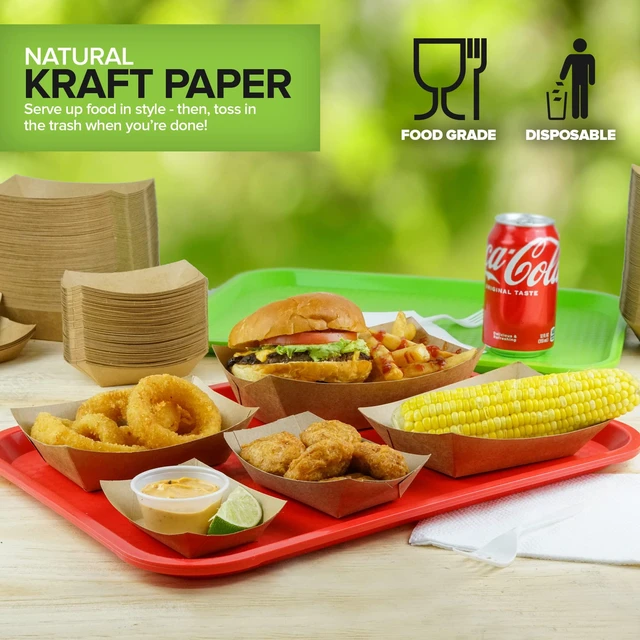 Alt view image 7 of 7 - [500 Pack Extra Large Disposable Brown Kraft Paper Food Trays, 3-Lb Concession Tray, Serving Boats for Party Snacks, Taco Bar, Seafood, Nachos Plates