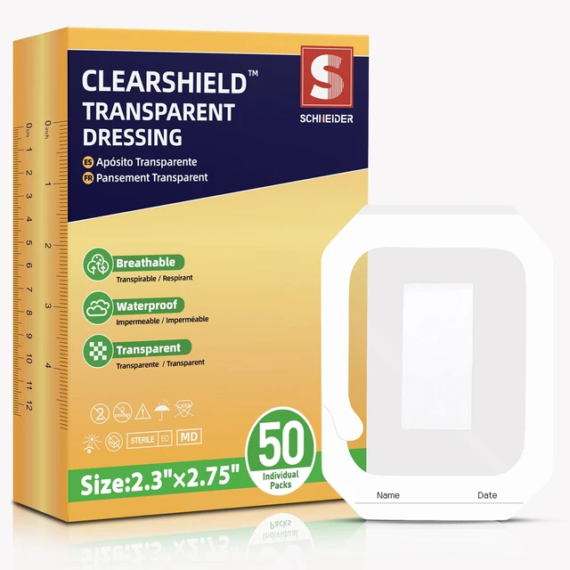 Main image of Transparent Film Dressing with Pad, 2.3" x 2.75", 50 Pack, Waterproof Patch Waterproof Clear Adhesive Bandage for Skin Protection, Post-Surgical Shower and Tattoo Aftercare