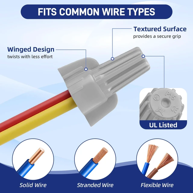 Alt view image 4 of 7 - 250 Pcs Grey Wire Connectors Nuts, Winged UL Listed Wire Caps 18-8 AWG, Twist-On Nuts Screw Wires Cap Large, for Home Electric Wiring, DIY Repairs & Commercial Use, Assortment Available
