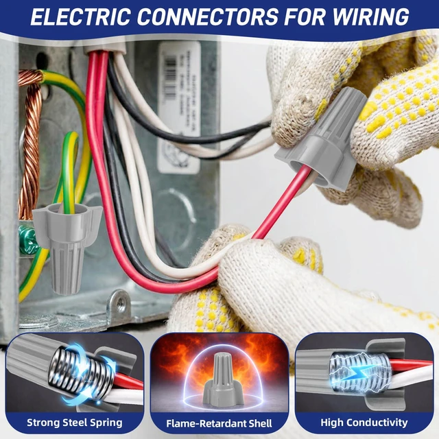 Alt view image 6 of 7 - 250 Pcs Grey Wire Connectors Nuts, Winged UL Listed Wire Caps 18-8 AWG, Twist-On Nuts Screw Wires Cap Large, for Home Electric Wiring, DIY Repairs & Commercial Use, Assortment Available