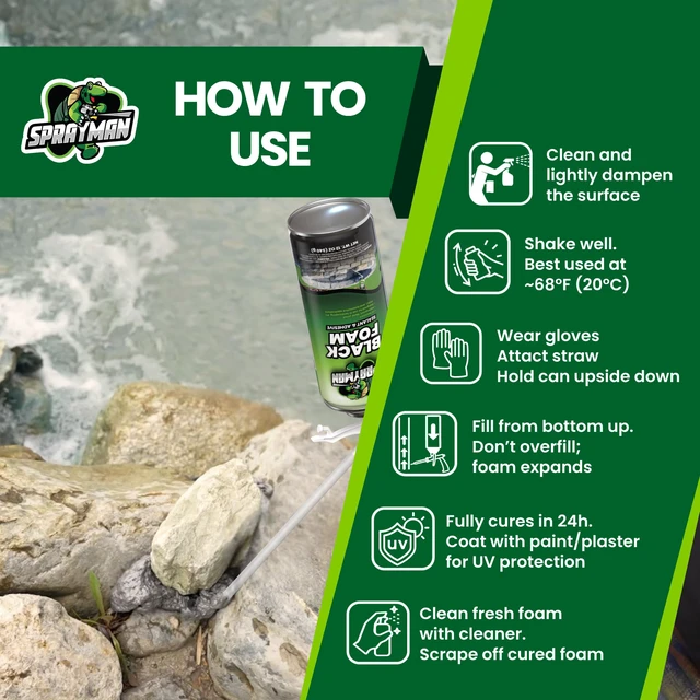 Alt view image 3 of 5 - Black Waterfall Foam Sealant - (2x12oz) Expanding Polyurethane Pond Foam Sealer, UV Resistant, Water Proof Spray for Landscape & Exterior, Straw Use, 2 Pack