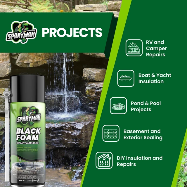 Alt view image 4 of 5 - Black Waterfall Foam Sealant - (2x12oz) Expanding Polyurethane Pond Foam Sealer, UV Resistant, Water Proof Spray for Landscape & Exterior, Straw Use, 2 Pack