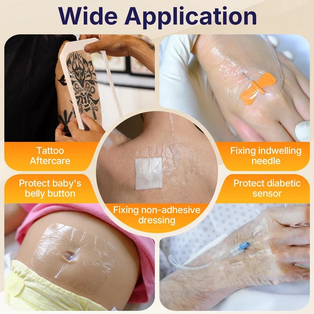 Alt view image 5 of 5 - Transparent Film Dressing with Pad, 2.3" x 2.75", 50 Pack, Waterproof Patch Waterproof Clear Adhesive Bandage for Skin Protection, Post-Surgical Shower and Tattoo Aftercare