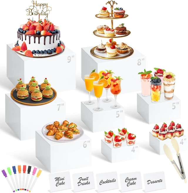 Main image of 8 Pcs White Buffet Risers with Mini Table Sign, Serving Tongs, Acrylic Food Risers for Buffet Table Display Stand Shelf for Party Catering Dessert Jewelry Collectibles (Size 9" 8" 7" 6" 5" 5" 4" 4")