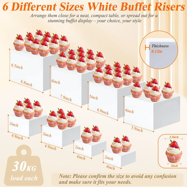 Alt view image 2 of 7 - 8 Pcs White Buffet Risers with Mini Table Sign, Serving Tongs, Acrylic Food Risers for Buffet Table Display Stand Shelf for Party Catering Dessert Jewelry Collectibles (Size 9" 8" 7" 6" 5" 5" 4" 4")
