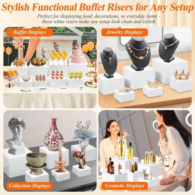 Alt view image 4 of 7 - 8 Pcs White Buffet Risers with Mini Table Sign, Serving Tongs, Acrylic Food Risers for Buffet Table Display Stand Shelf for Party Catering Dessert Jewelry Collectibles (Size 9" 8" 7" 6" 5" 5" 4" 4")