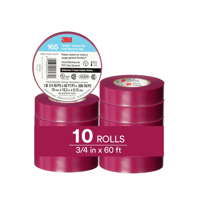 Main image of Temflex Vinyl Electrical Tape 165, 3/4 in x 60 ft, Purple, 10 Roll Pack Multi-Purpose, 19 mm x 18 m