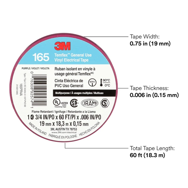 Alt view image 2 of 6 - Temflex Vinyl Electrical Tape 165, 3/4 in x 60 ft, Purple, 10 Roll Pack Multi-Purpose, 19 mm x 18 m