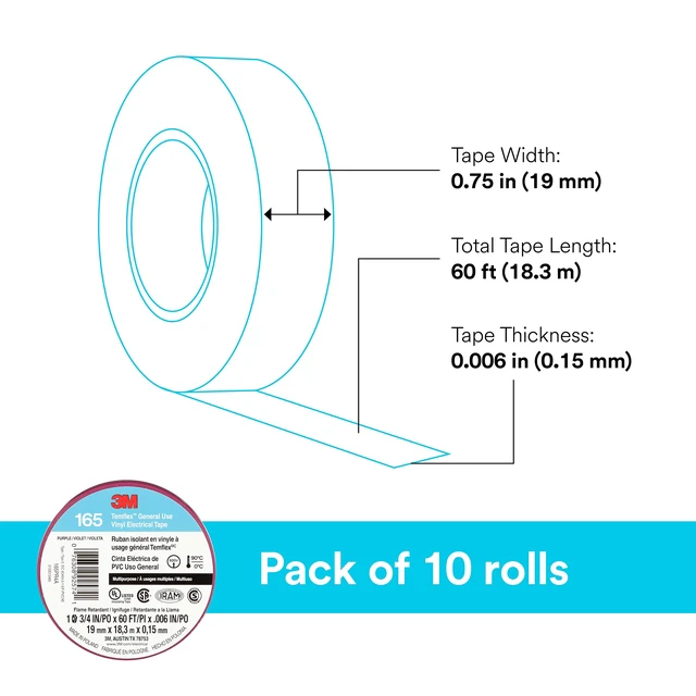 Alt view image 4 of 6 - Temflex Vinyl Electrical Tape 165, 3/4 in x 60 ft, Purple, 10 Roll Pack Multi-Purpose, 19 mm x 18 m