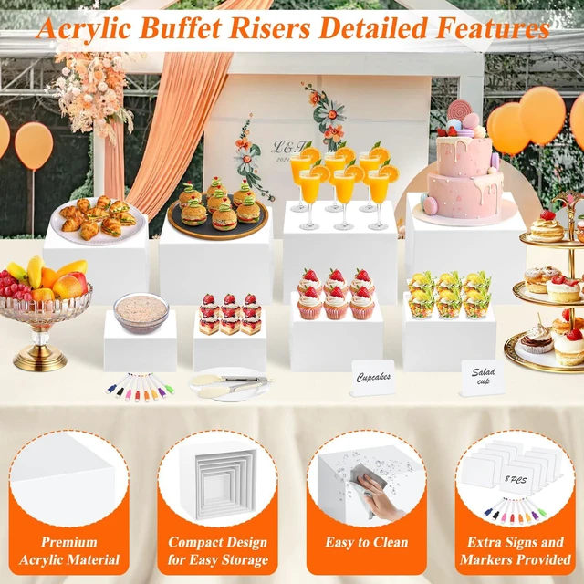 Alt view image 6 of 7 - 8 Pcs White Buffet Risers with Mini Table Sign, Serving Tongs, Acrylic Food Risers for Buffet Table Display Stand Shelf for Party Catering Dessert Jewelry Collectibles (Size 9" 8" 7" 6" 5" 5" 4" 4")