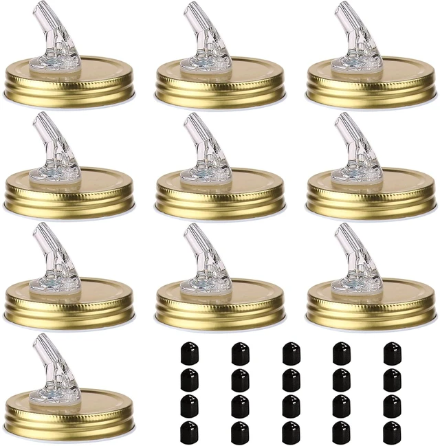 Main image of Mason Jar Pour Spouts. free flow Mason Jar Pour Spouts, mason jar for spout regular mouth size 70mm dispenser germination cover. Suitable for any liquid. LeakProof 10Pack + 20 Black Lid Caps (10