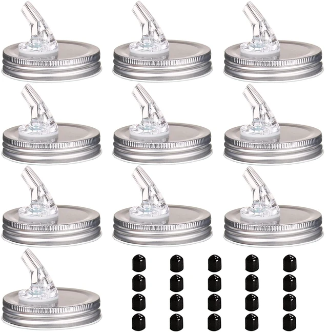 Main image of Mason Jar Pour Spouts. free flow Mason Jar Pour Spouts, mason jar for spout regular mouth size 70mm dispenser germination cover. Suitable for any liquid. Leak-Proof 10-Pack + 20 Black Lid Caps (10