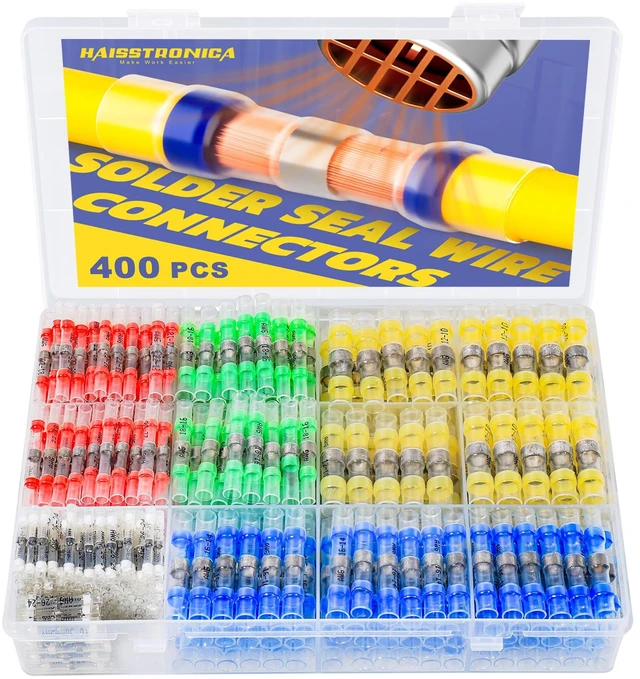 Main image of 400PCS Solder Seal Wire Connectors Kit, 5 Colors/5 Sizes 26-10 AWG, Wire Gauge Markings, Clear Sleeves, Hot-Melt Adhesive Rings, Compartment Storage, Automotive Wiring