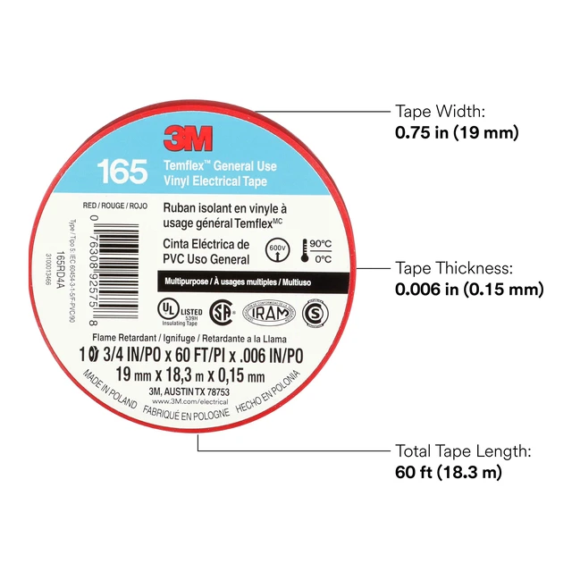 Alt view image 2 of 6 - Temflex Vinyl Electrical Tape 165, 3/4 in x 60 ft, Red, 10 Roll Pack Multi-Purpose, 19 mm x 18 m