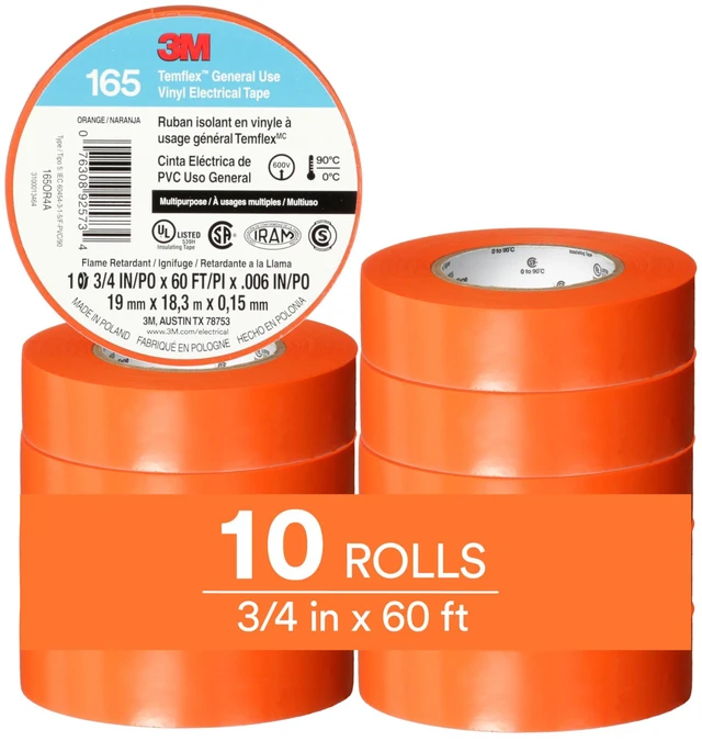 Main image of Temflex Vinyl Electrical Tape 165, 3/4 in x 60 ft, Orange, 10 Roll Pack Multi-Purpose, 19 mm x 18 m