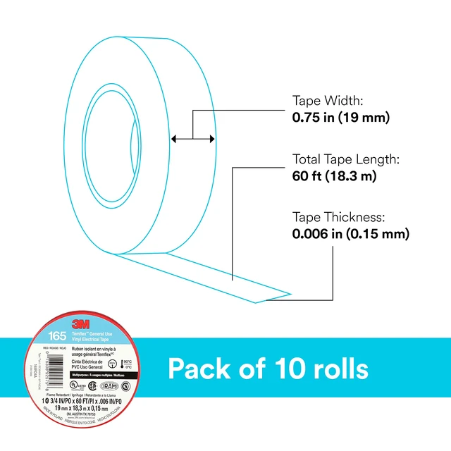 Alt view image 5 of 6 - Temflex Vinyl Electrical Tape 165, 3/4 in x 60 ft, Red, 10 Roll Pack Multi-Purpose, 19 mm x 18 m