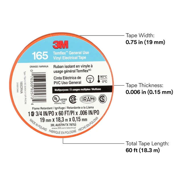 Alt view image 2 of 6 - Temflex Vinyl Electrical Tape 165, 3/4 in x 60 ft, Orange, 10 Roll Pack Multi-Purpose, 19 mm x 18 m