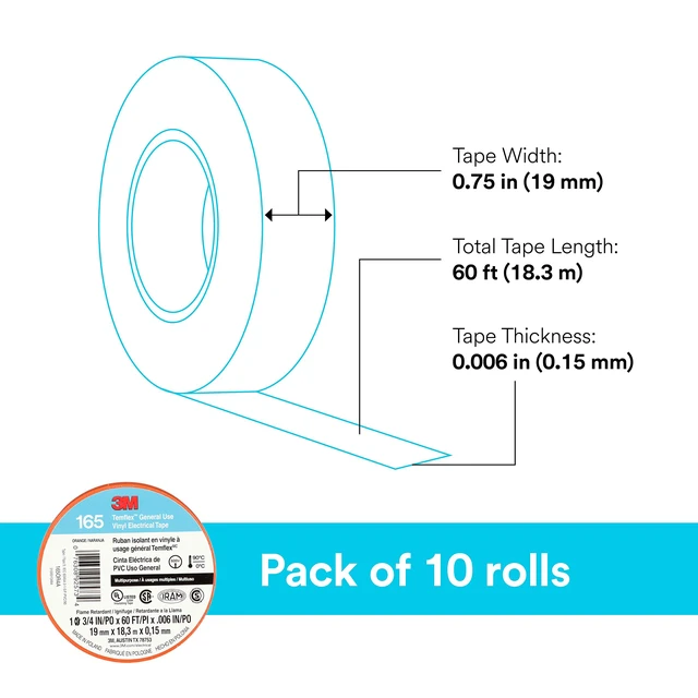 Alt view image 4 of 6 - Temflex Vinyl Electrical Tape 165, 3/4 in x 60 ft, Orange, 10 Roll Pack Multi-Purpose, 19 mm x 18 m