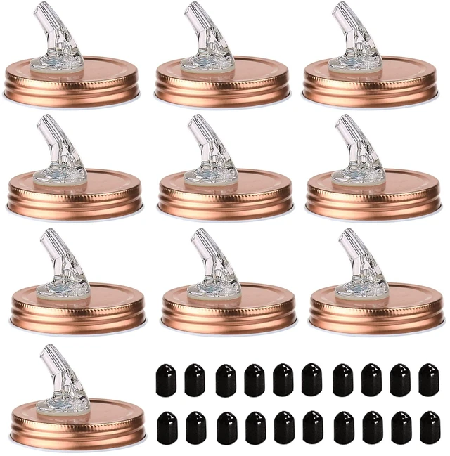 Main image of Mason Jar Pour Spouts. free flow Mason Jar Pour Spouts, mason jar for spout regular mouth size 70mm dispenser germination cover. Suitable for any liquid. Leak-Proof 10-Pack + 20 Black Lid Caps (10