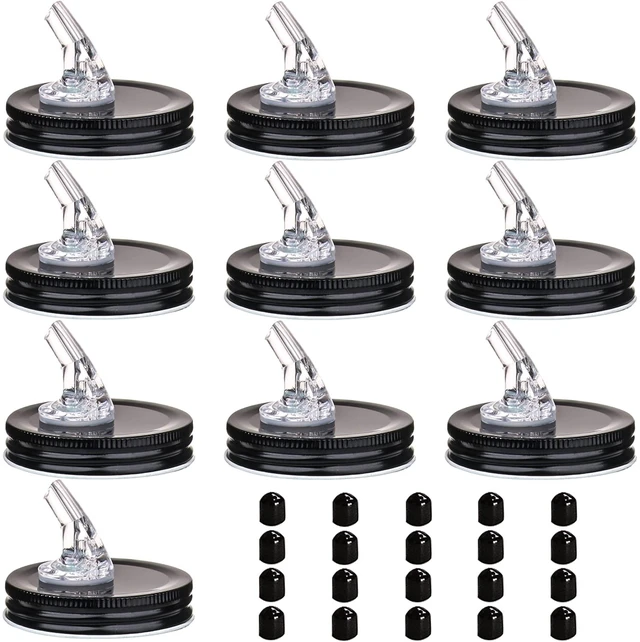 Main image of Mason Jar Pour Spouts. free flow Mason Jar Pour Spouts, mason jar for spout regular mouth size 70mm dispenser germination cover. Suitable for any liquid. LeakProof 10Pack + 20 Black Lid Caps (10