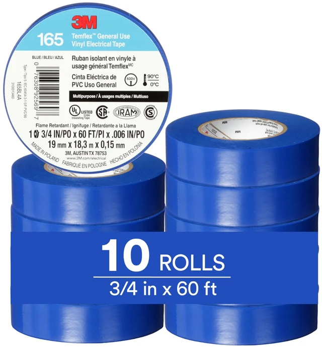 Main image of Temflex Vinyl Electrical Tape 165, 3/4 in x 60 ft, Blue, 10 Roll Pack Multi-Purpose, 19 mm x 18 m