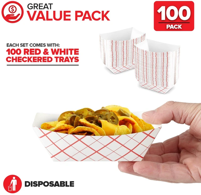 Alt view image 2 of 7 - Extra Small Paper Food Boats (100 Pack) 0.5 lb Disposable Red & White Checkered Paper Trays, Eco-Friendly Serving Boats for Concession Food & Condiments, 3.75" x 2"