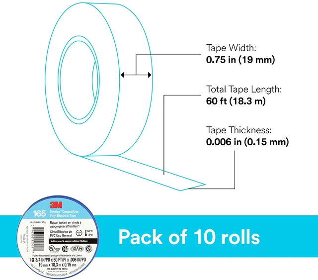 Alt view image 2 of 7 - Temflex Vinyl Electrical Tape 165, 3/4 in x 60 ft, Blue, 10 Roll Pack Multi-Purpose, 19 mm x 18 m
