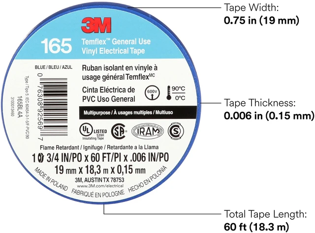 Alt view image 6 of 7 - Temflex Vinyl Electrical Tape 165, 3/4 in x 60 ft, Blue, 10 Roll Pack Multi-Purpose, 19 mm x 18 m