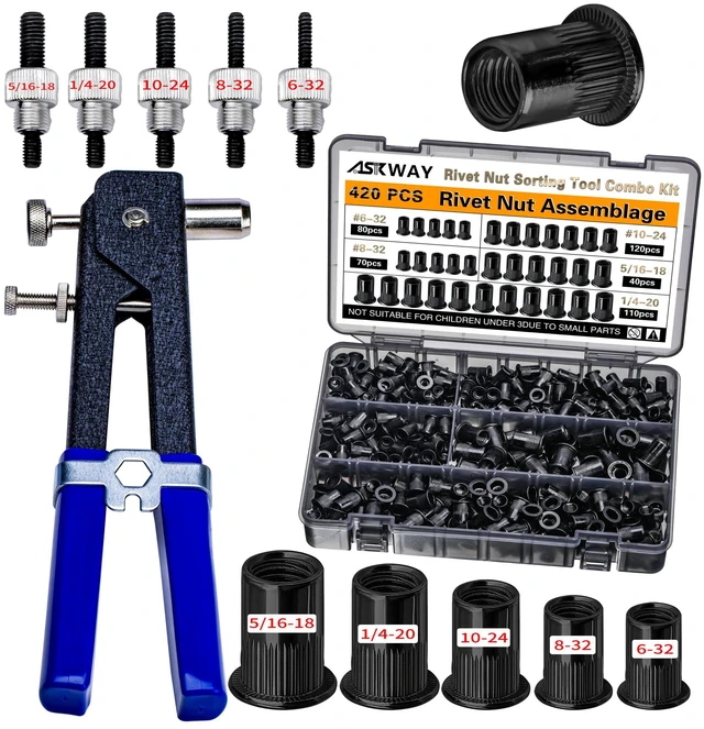 Main image of SAE Rivet Nut Tool Kit 420pcs Pressure Rivet Nut Tool Kit RIV Nut Black Zinc-Plated Carbon Steel Rivet Nut Assortment (5/16-18, 1/4-20, 10-24, 8-32, 6-32).Includes One Set Of Rivet Nut Guns