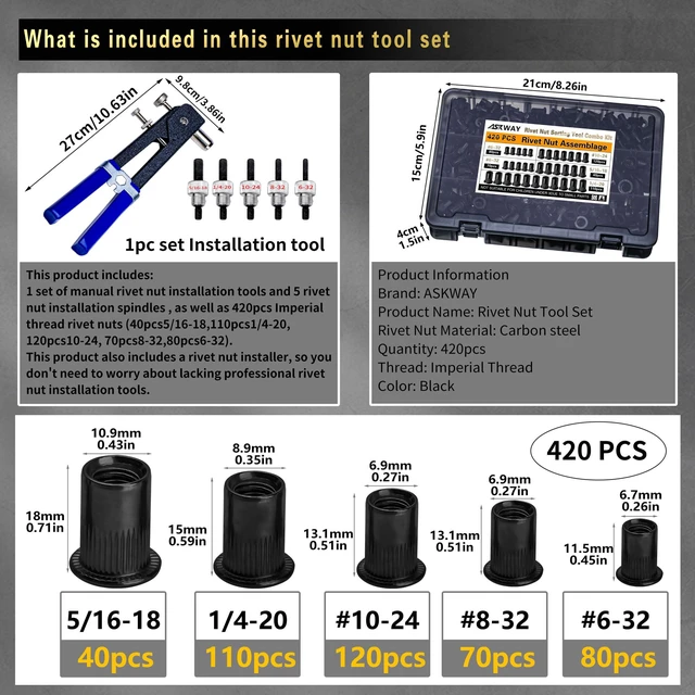 Alt view image 2 of 5 - SAE Rivet Nut Tool Kit 420pcs Pressure Rivet Nut Tool Kit RIV Nut Black Zinc-Plated Carbon Steel Rivet Nut Assortment (5/16-18, 1/4-20, 10-24, 8-32, 6-32).Includes One Set Of Rivet Nut Guns