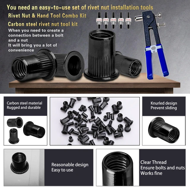 Alt view image 3 of 5 - SAE Rivet Nut Tool Kit 420pcs Pressure Rivet Nut Tool Kit RIV Nut Black Zinc-Plated Carbon Steel Rivet Nut Assortment (5/16-18, 1/4-20, 10-24, 8-32, 6-32).Includes One Set Of Rivet Nut Guns