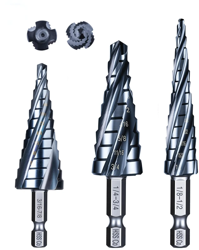 Main image of toolant M35 Cobalt Step Drill Bit Set, 3pcs, 1/8"-7/8", 1/4" Hex Shank M35 Cobalt HSS; TiAlN Coating; Four Spiral Flutes; 1/4" Hex Shank Unibit; Metal/Stainless/Aluminum/Plastic