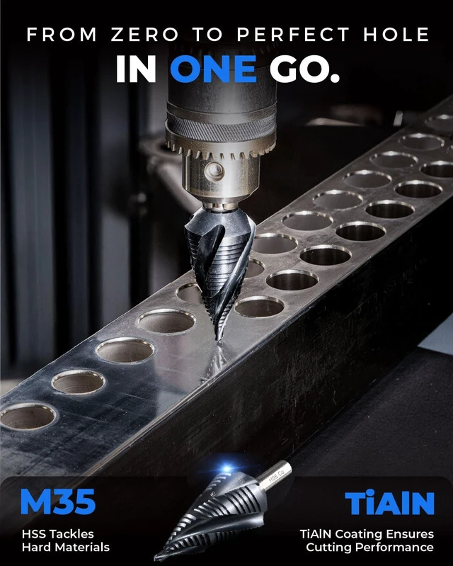 Alt view image 2 of 7 - toolant M35 Cobalt Step Drill Bit, 1/4"-1-1/8", TiAlN, 1/4" Hex Shank M35 Cobalt HSS; TiAlN Coating; Four Spiral Flutes; 1/4" Hex Shank Unibit; Metal/Stainless/Aluminum/Plastic